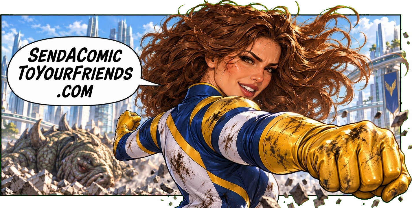 A comic panel whose speech bubble reads SendAComicToYourFriends.com